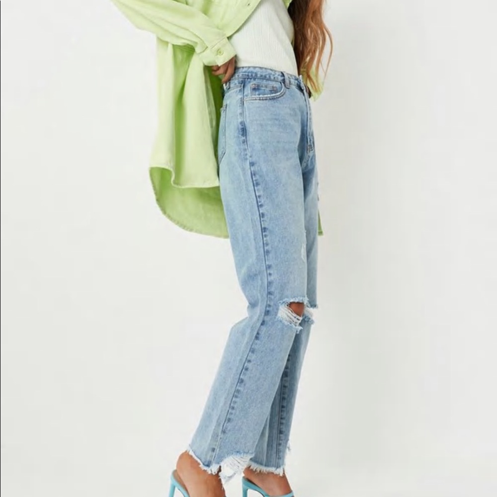 blue slim straight high waisted thigh slash jeans - Picture 5 of 7